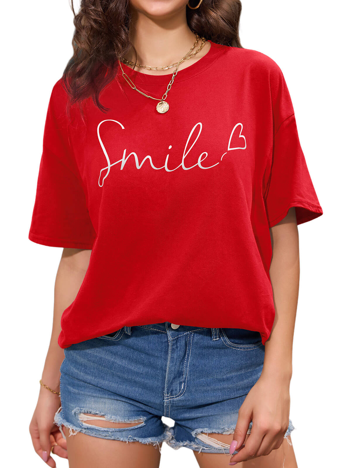 Women Oversized Smile Print Cotton T Shirt