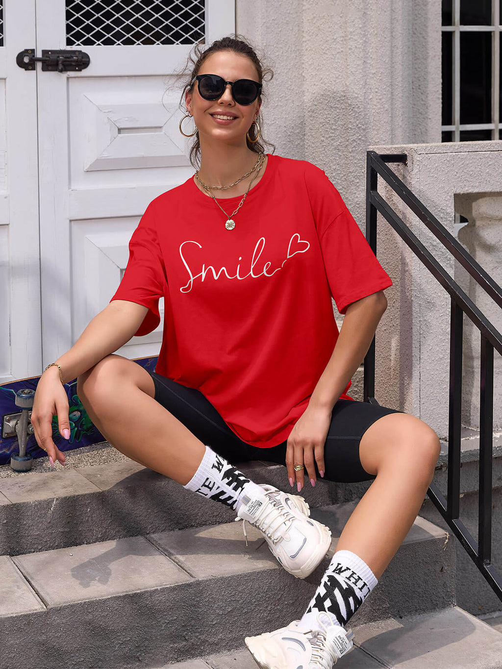 Women Oversized Smile Print Cotton T Shirt