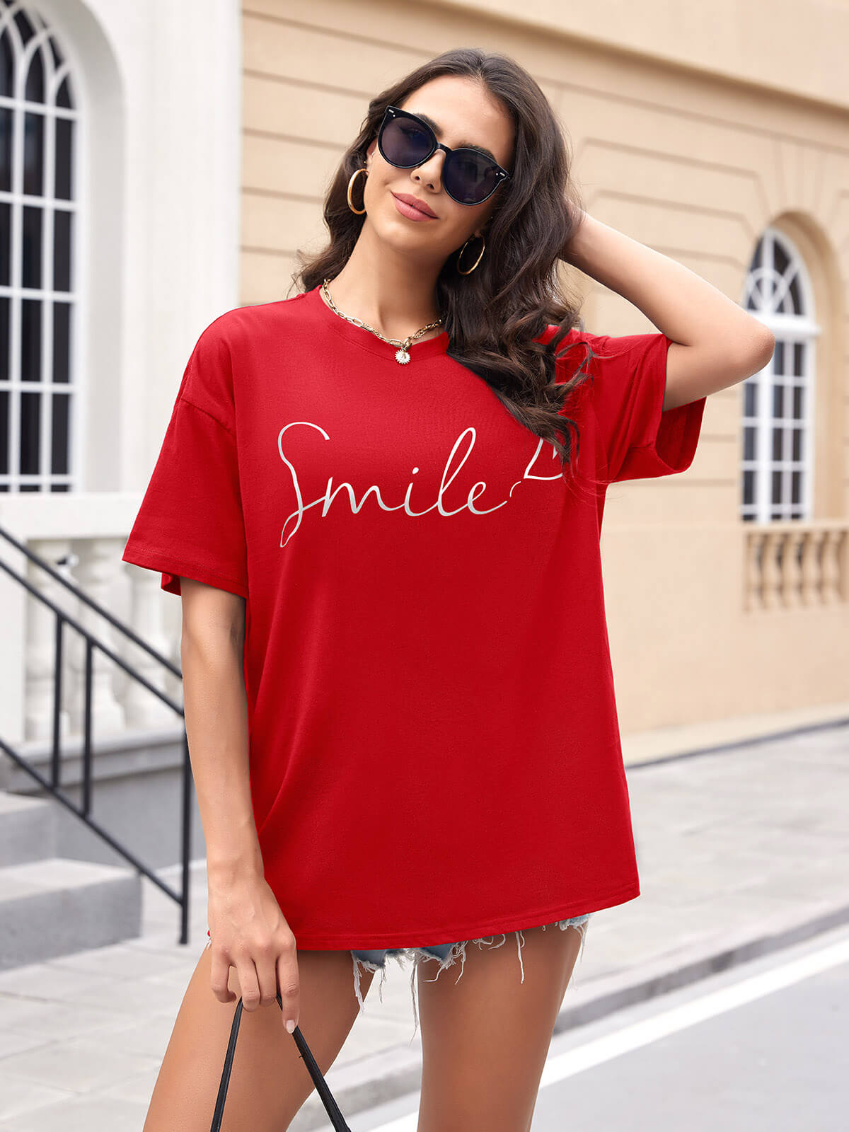 Women Oversized Smile Print Cotton T Shirt