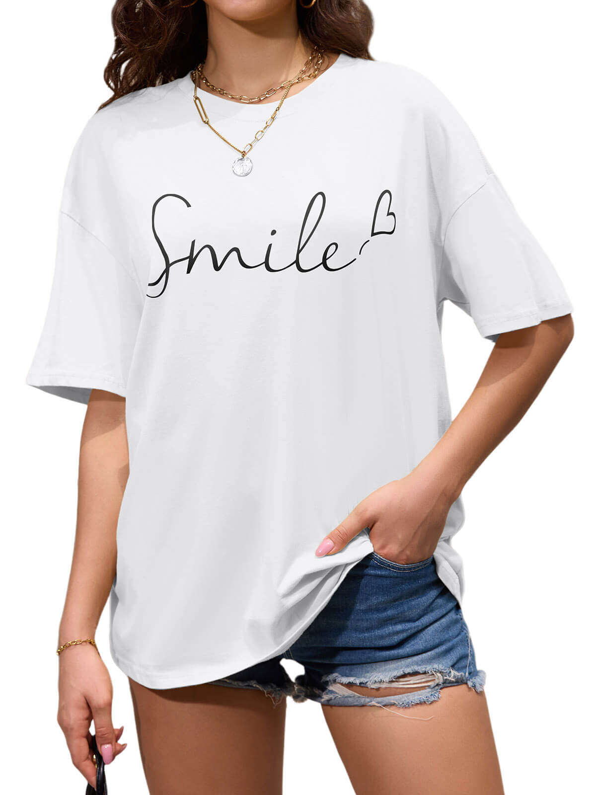 Women Oversized Smile Print Cotton T Shirt