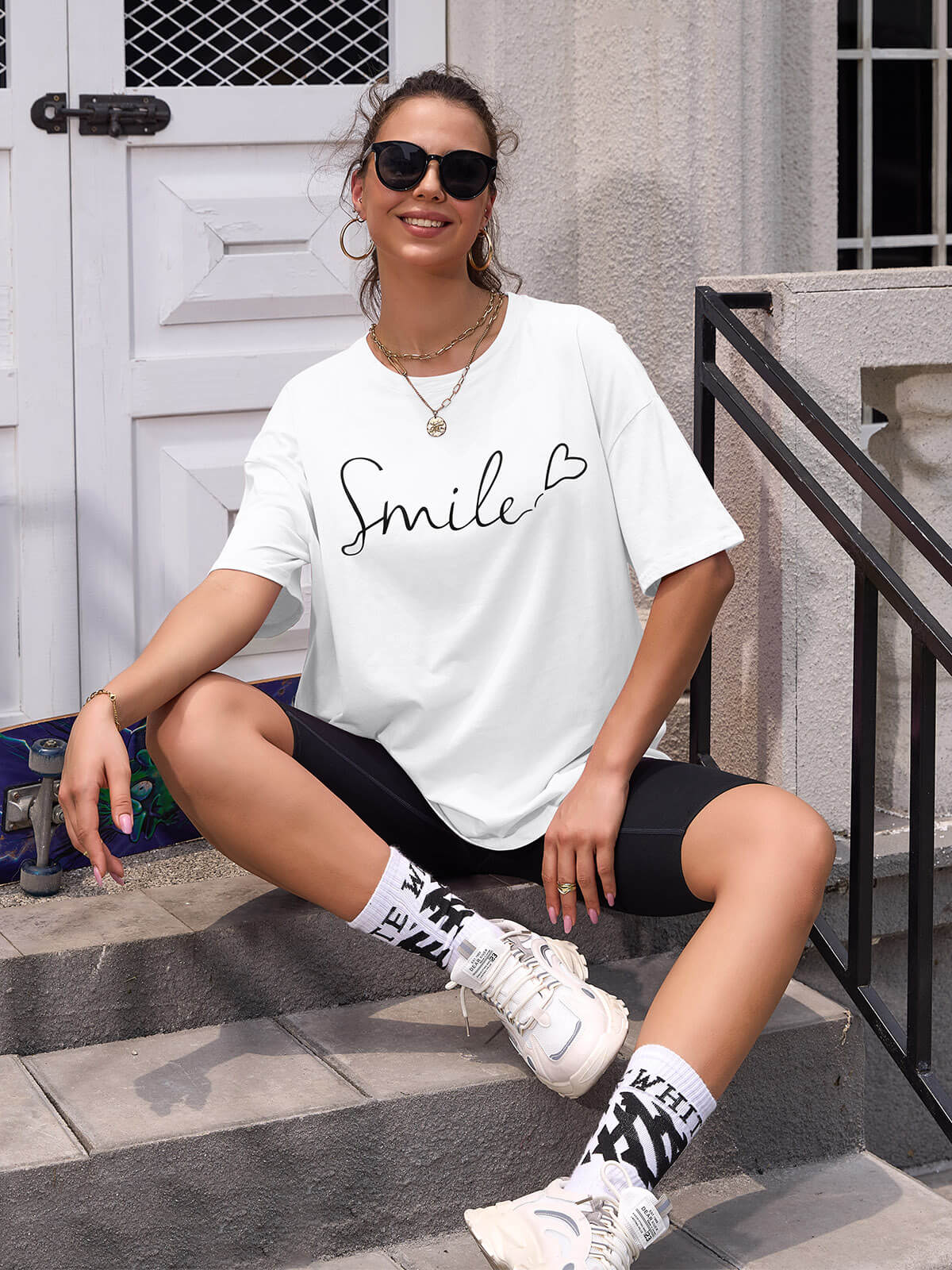 Women Oversized Smile Print Cotton T Shirt