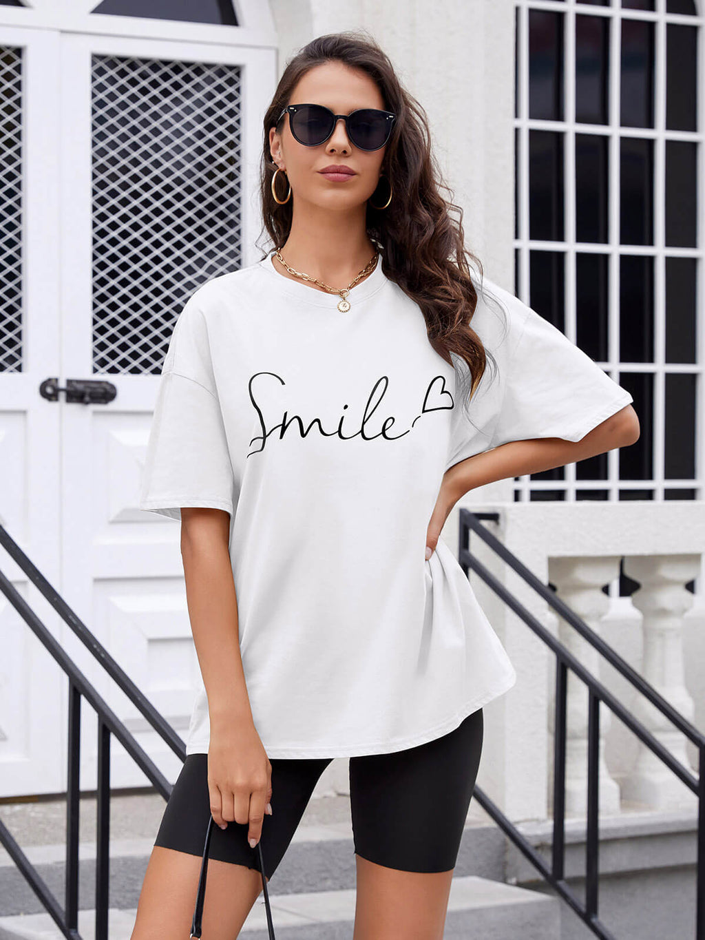 Women Oversized Smile Print Cotton T Shirt