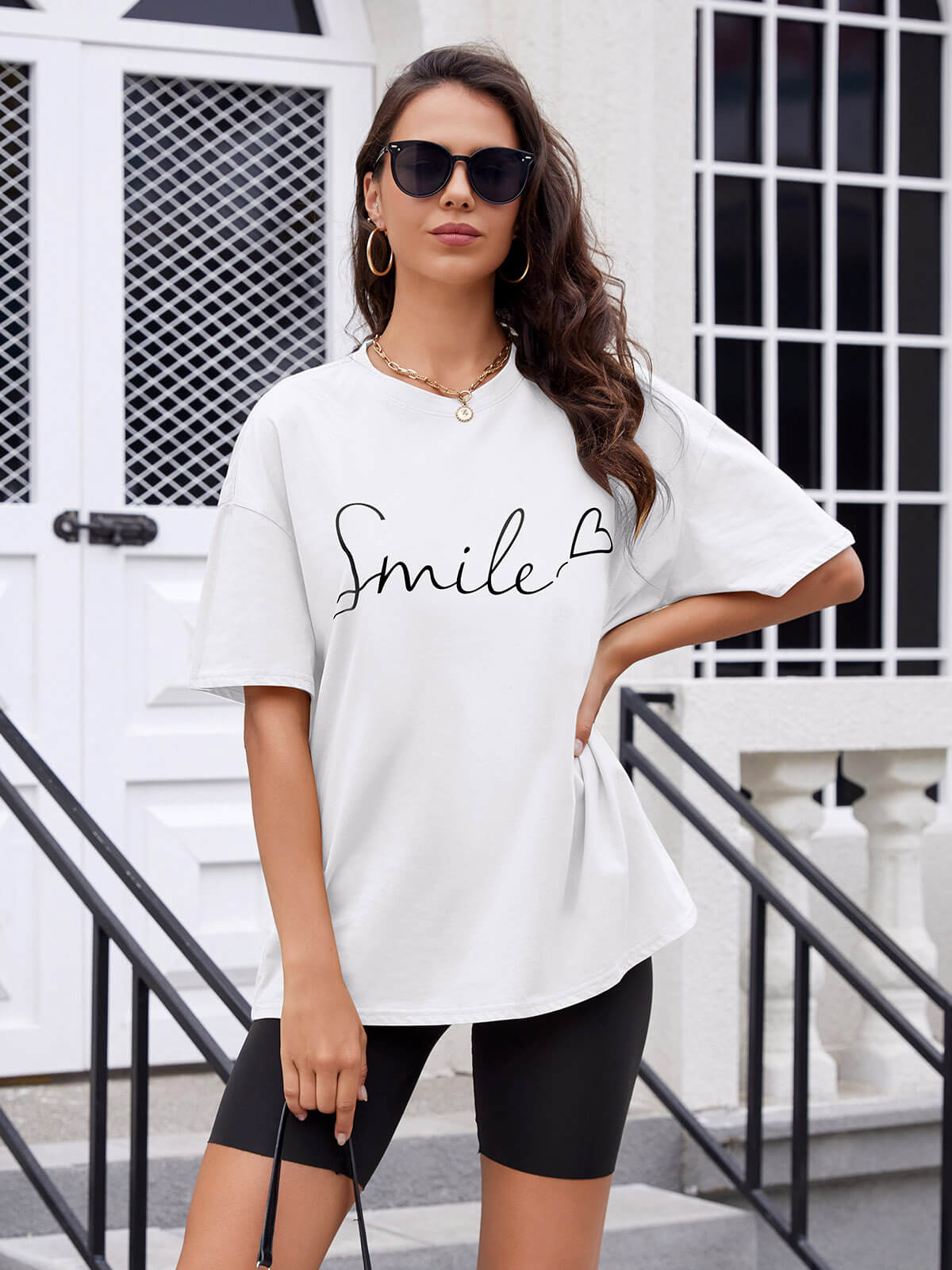 Women Oversized Smile Print Cotton T Shirt
