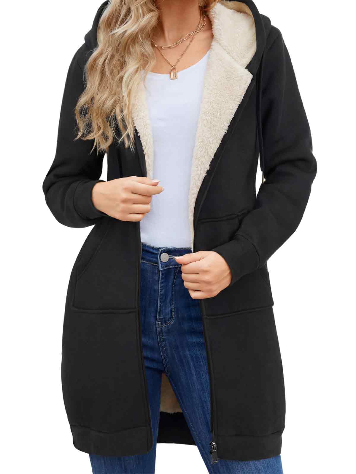 Women Long Fleece Winter Jacket Sherpa Lined Coat