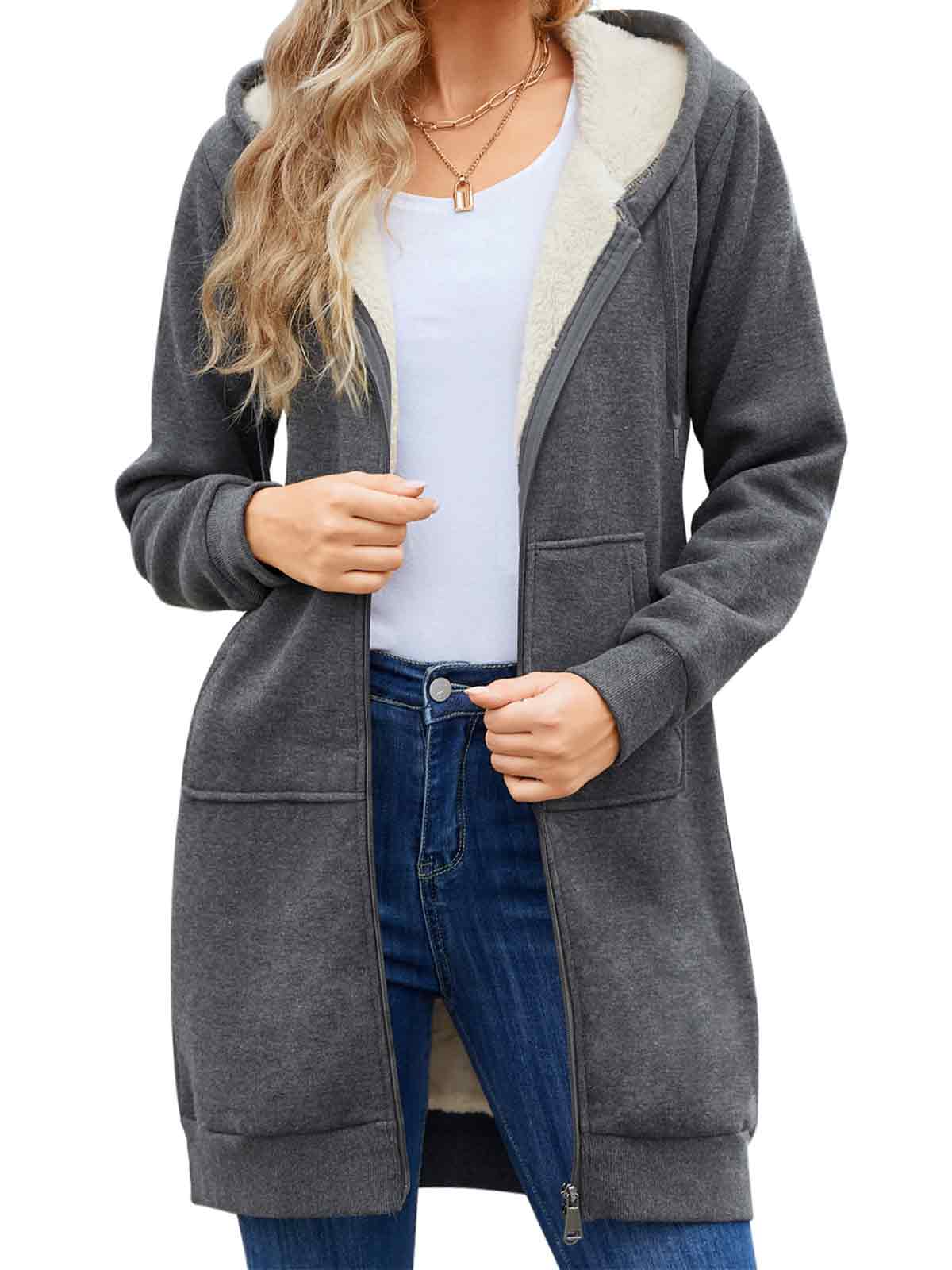 Women Long Fleece Winter Jacket Sherpa Lined Coat
