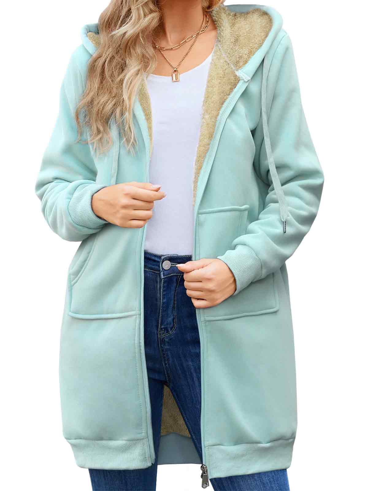 Women Long Fleece Winter Jacket Sherpa Lined Coat