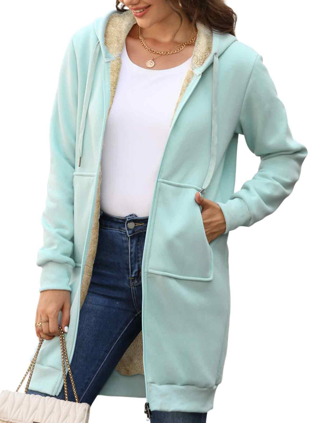 Women Long Fleece Winter Jacket Sherpa Lined Coat