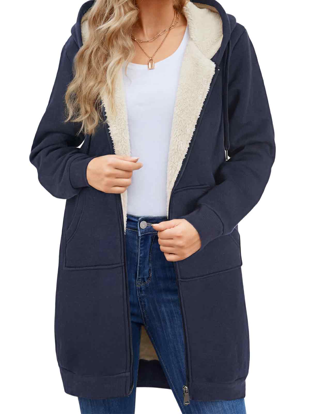 Women Long Fleece Winter Jacket Sherpa Lined Coat