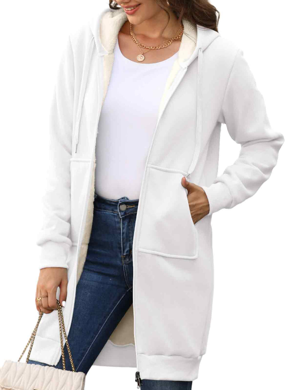 Women Long Fleece Winter Jacket Sherpa Lined Coat