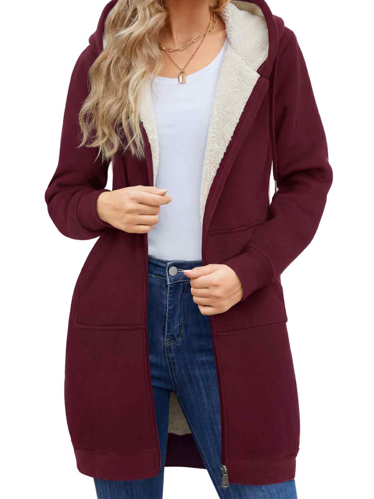 Women Long Fleece Winter Jacket Sherpa Lined Coat
