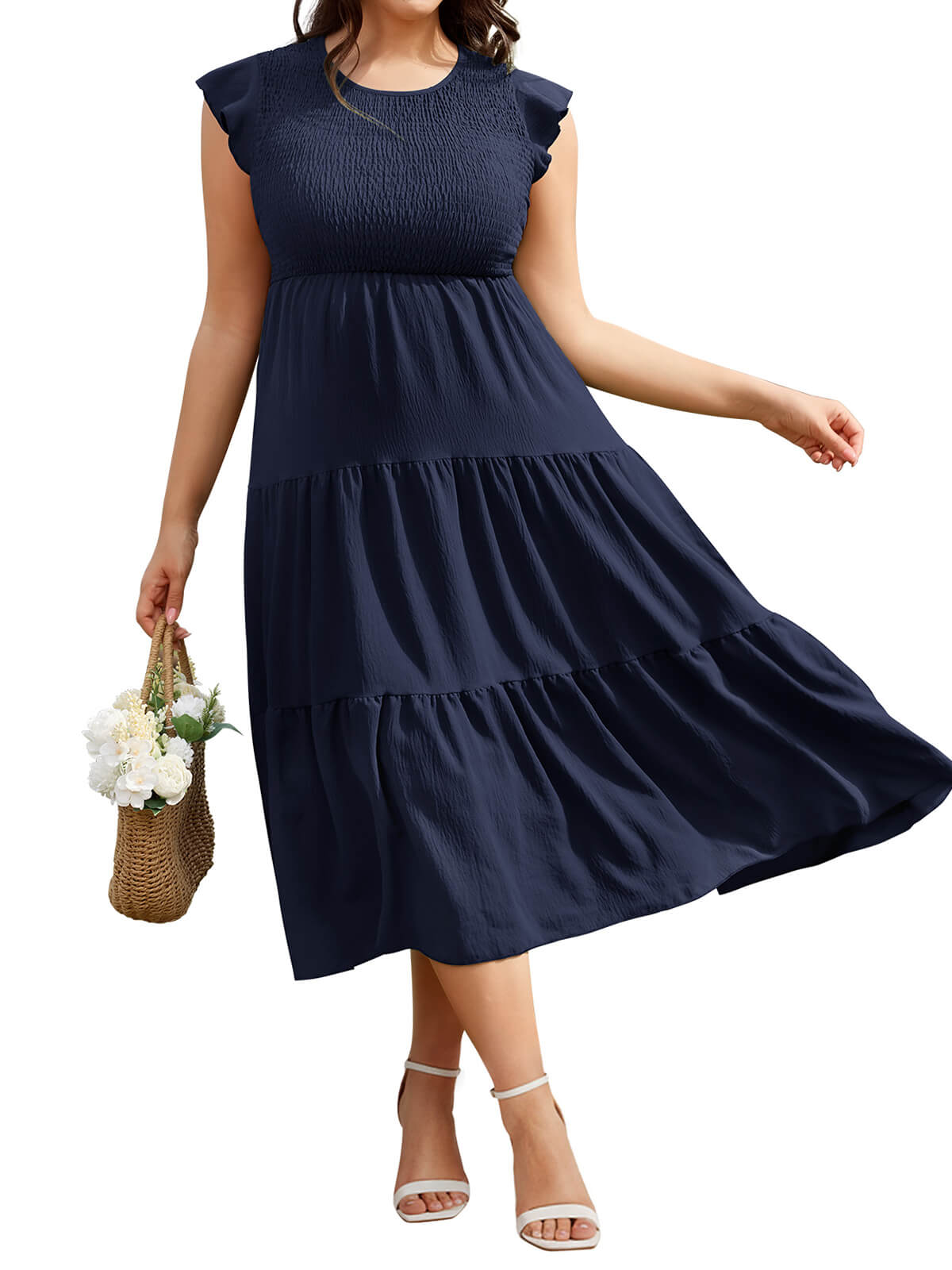 Women Casual Smocked Tiered Midi Dress