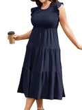 Women Casual Smocked Tiered Midi Dress