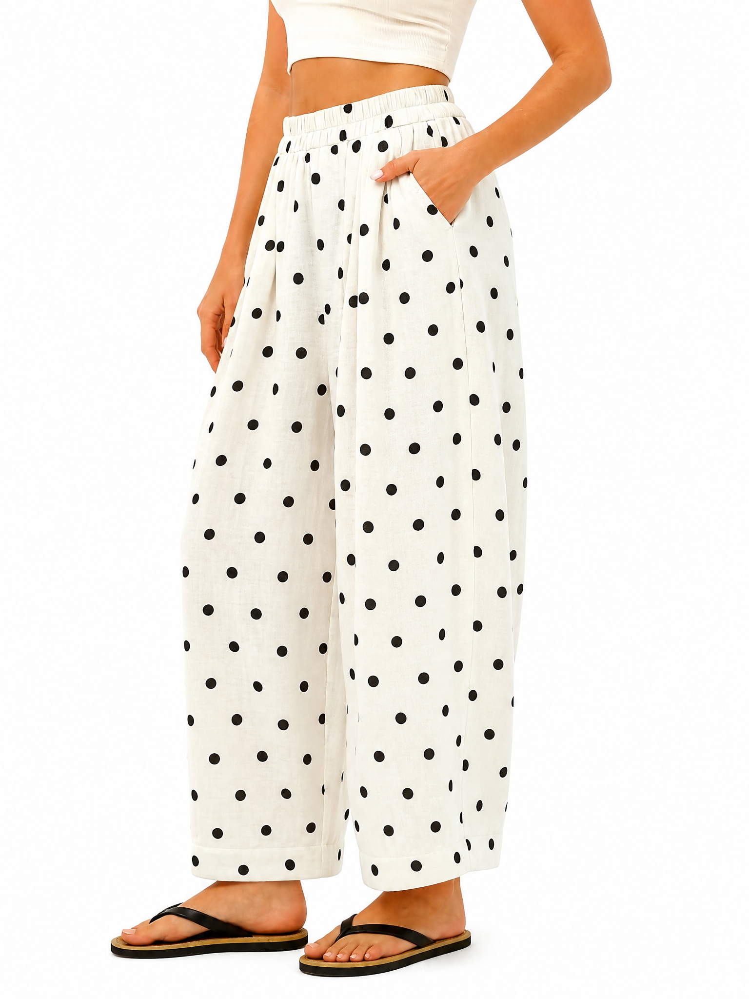 Women's Cotton Linen Polka Dot Wide Leg Pants