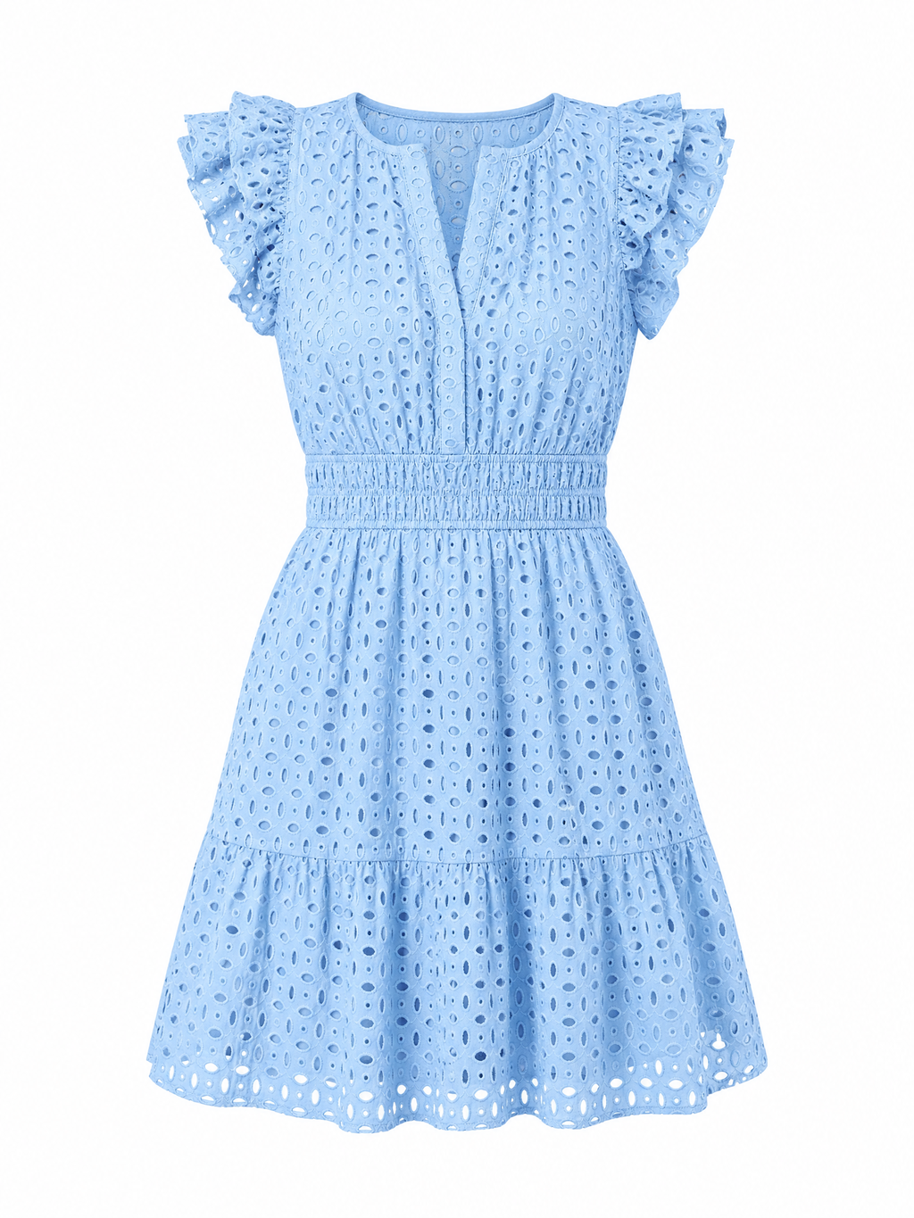 LIVORA Women's Eyelet Mini Dress | V Neck Ruffle Sleeve Fit and Flare Sundress