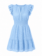 LIVORA Women's Eyelet Mini Dress | V Neck Ruffle Sleeve Fit and Flare Sundress