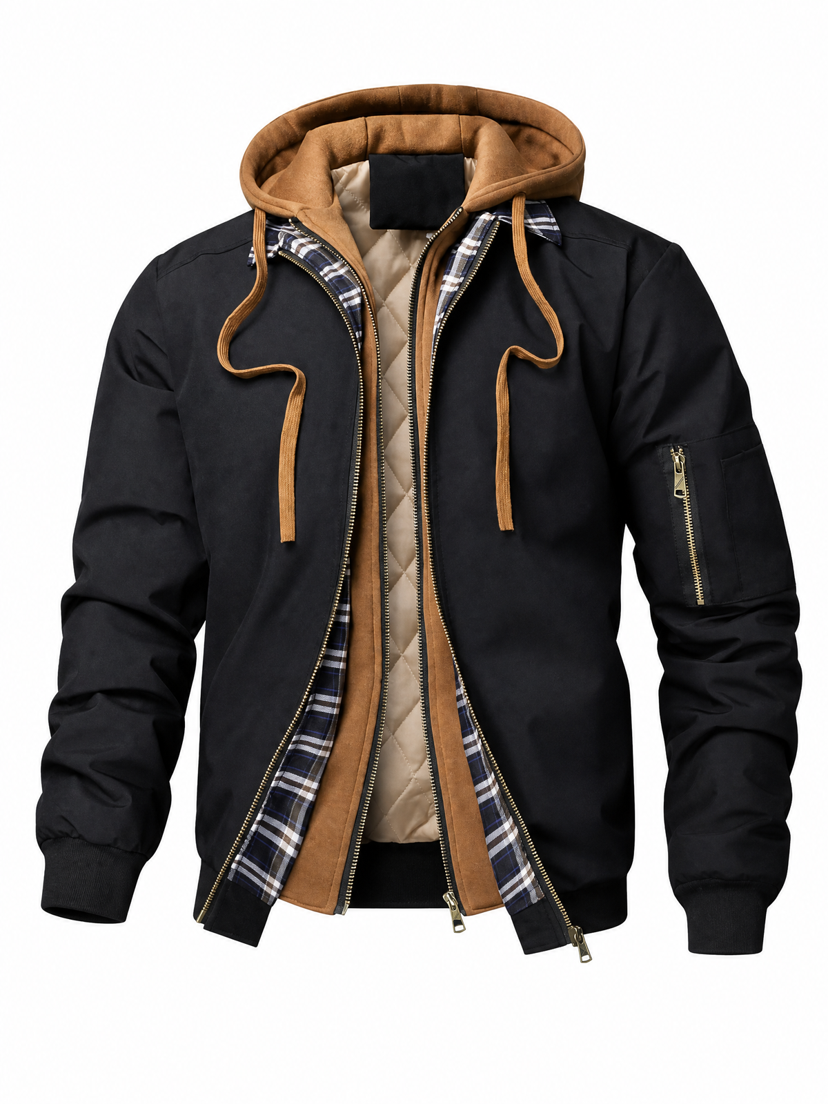 LIVORA Men's Plaid Fleece Jacket | Zip-Up Hooded Jacket with Pockets