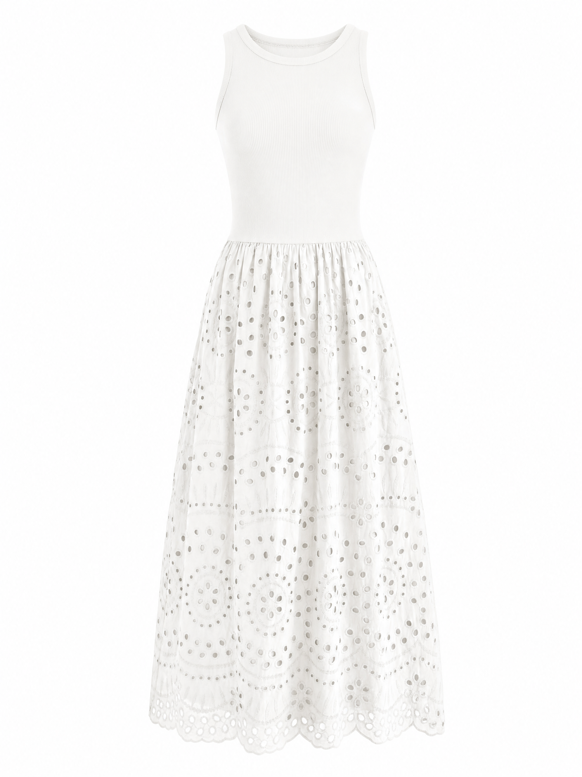 LIVORA Women's Cotton Eyelet Maxi Dress | Sleeveless A-Line Boho Sundress with Pockets