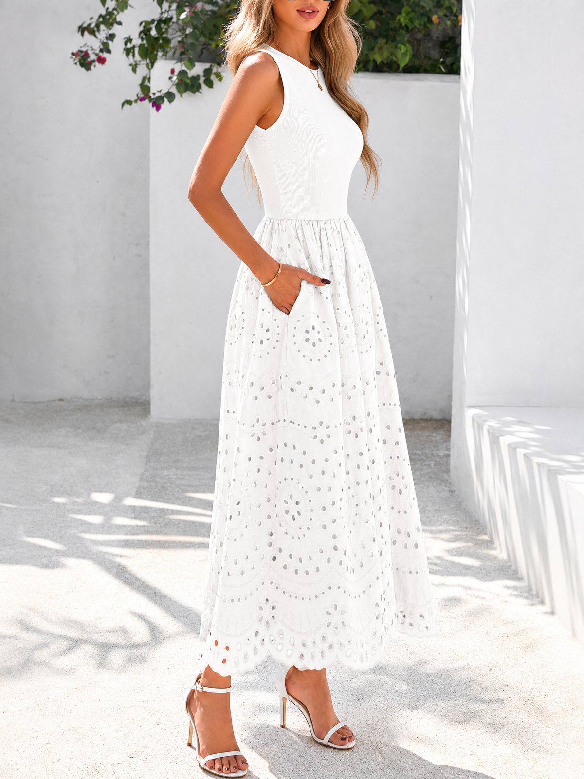 LIVORA Women's Cotton Eyelet Maxi Dress | Sleeveless A-Line Boho Sundress with Pockets