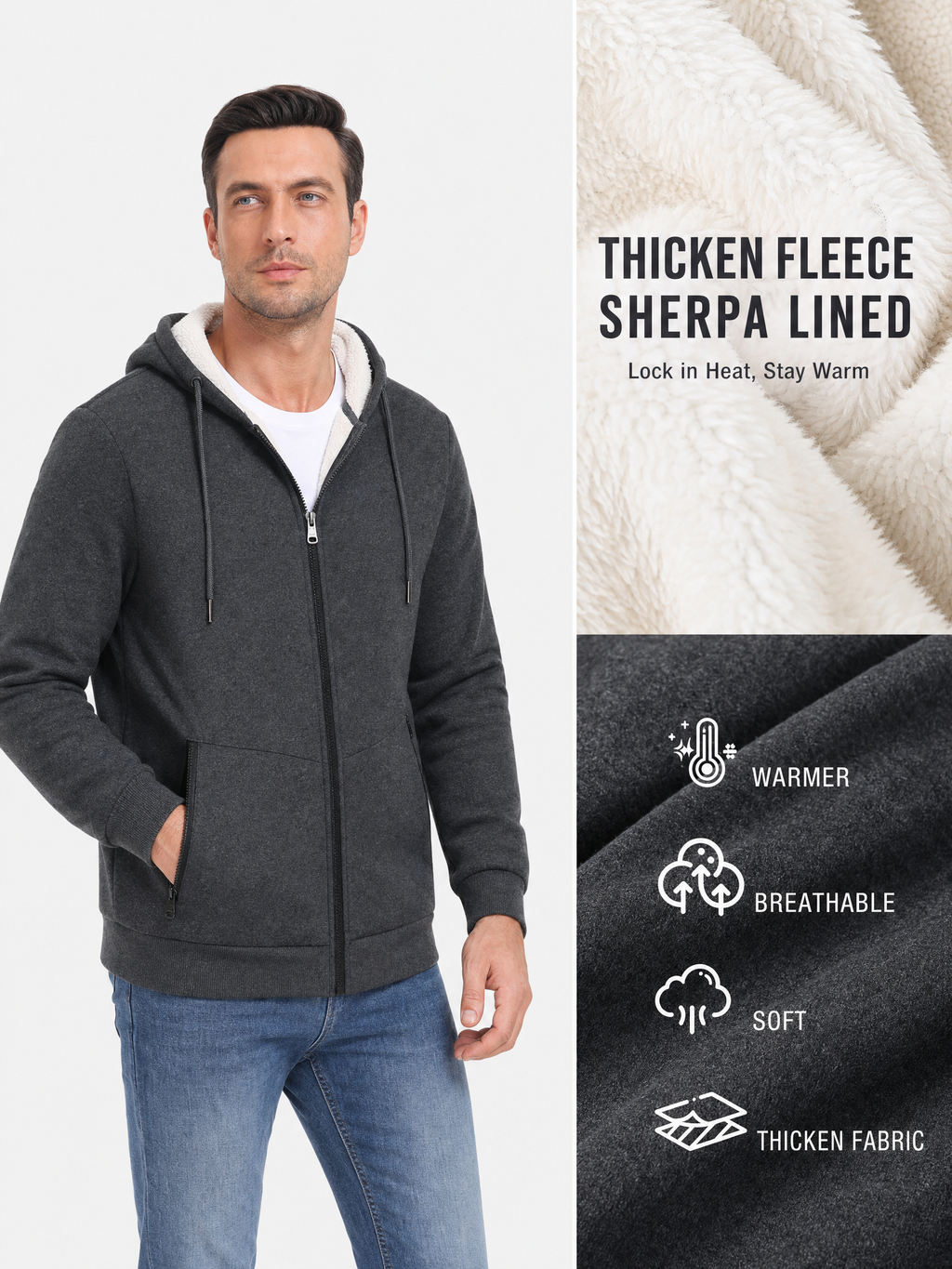 LIVORA Men's Fleece Hoodie Jacket | Full-Zip Warm Lined Jacket