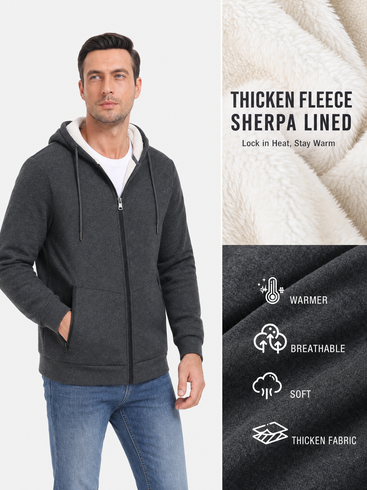 LIVORA Men's Fleece Hoodie Jacket | Full-Zip Warm Lined Jacket