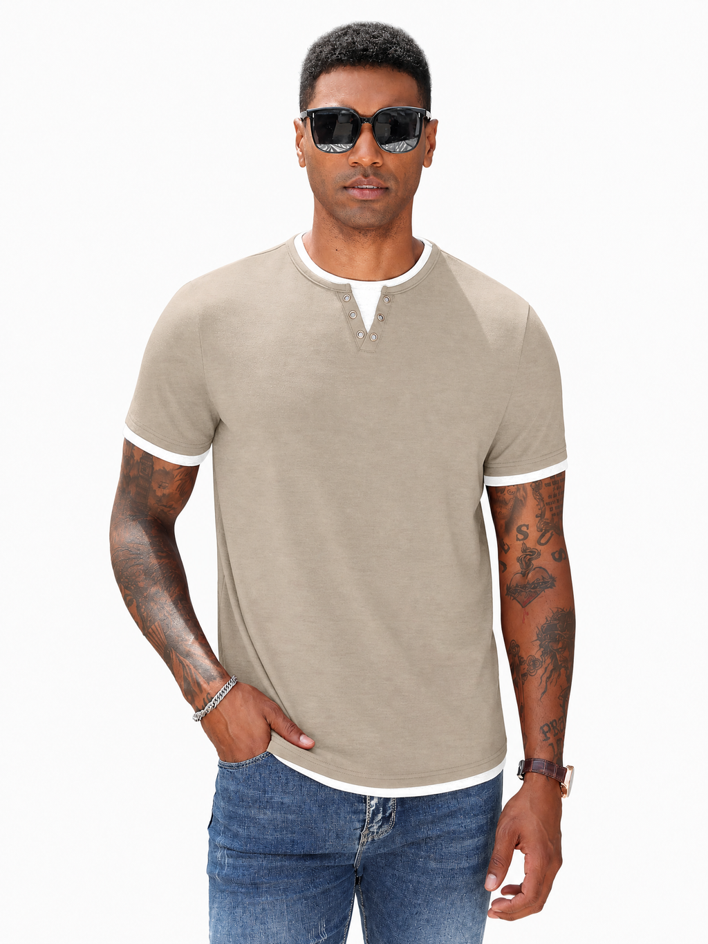 LIVORA Men's Color Block Henley Shirt | Short Sleeve Regular Fit
