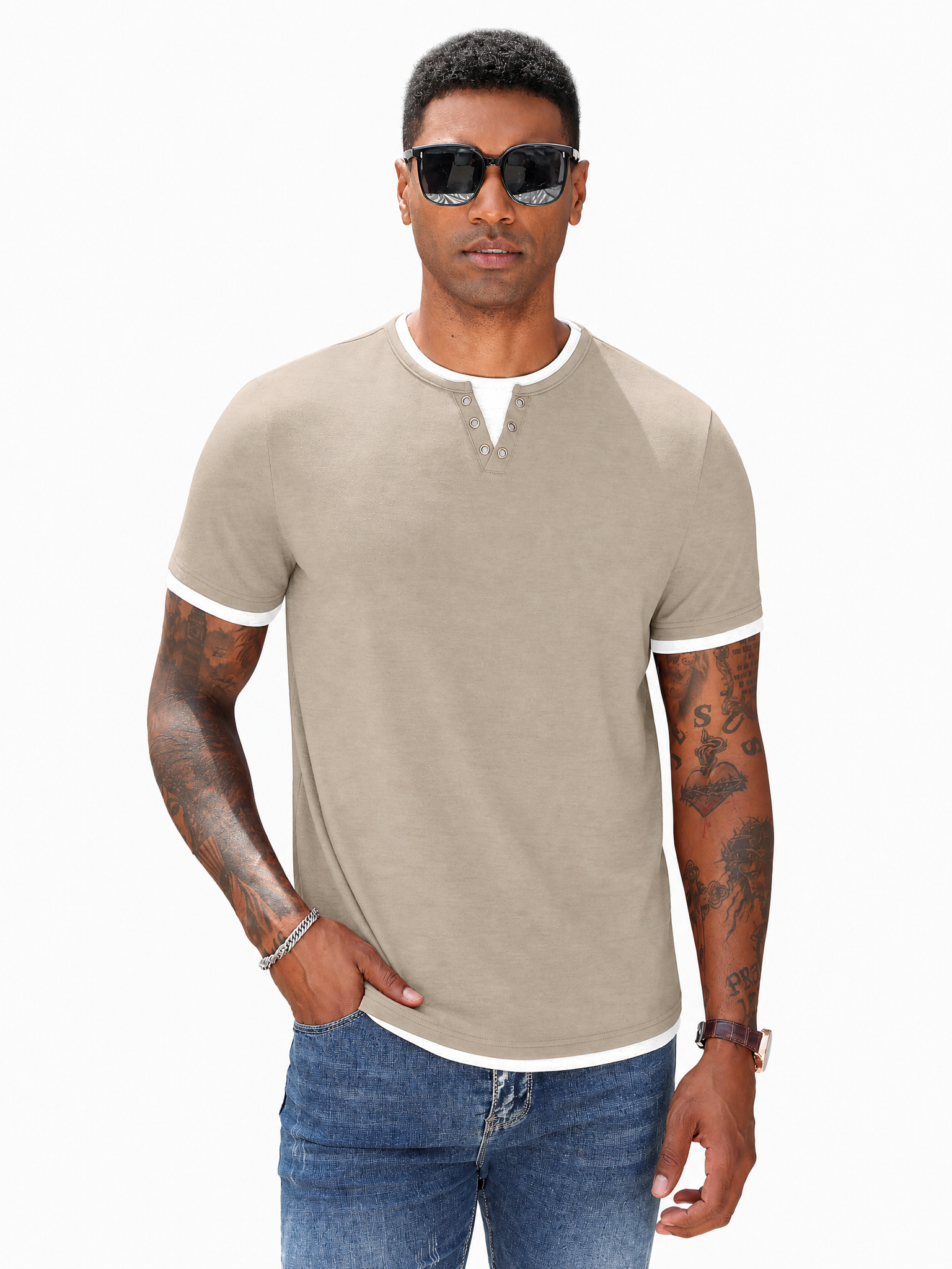 LIVORA Men's Color Block Henley Shirt | Short Sleeve Regular Fit
