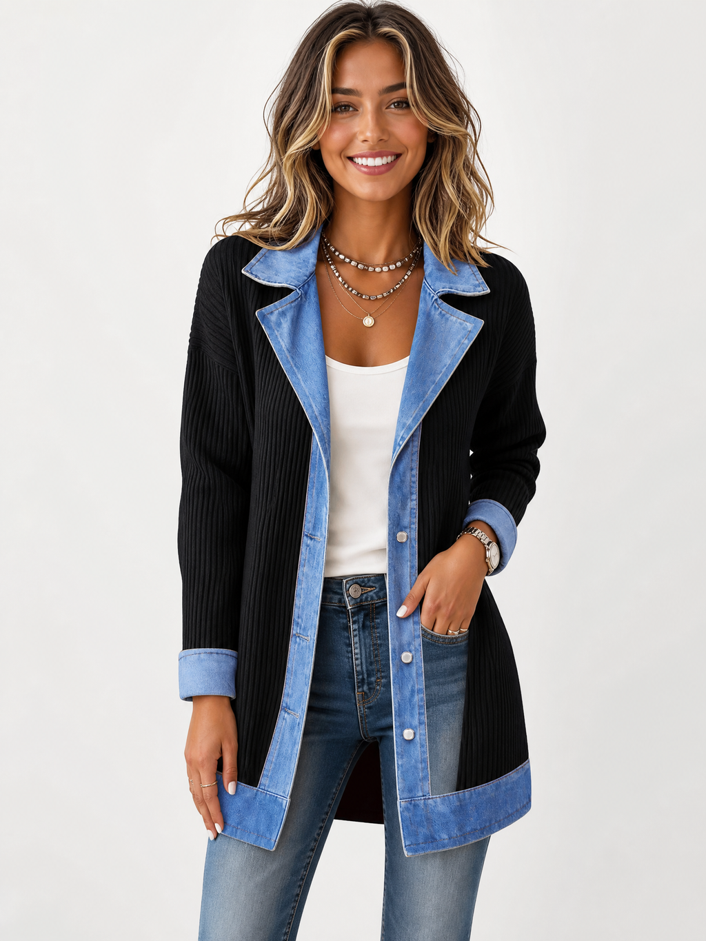 LIVORA Women's Corduroy Shacket | Denim Patchwork Button-Down Jacket