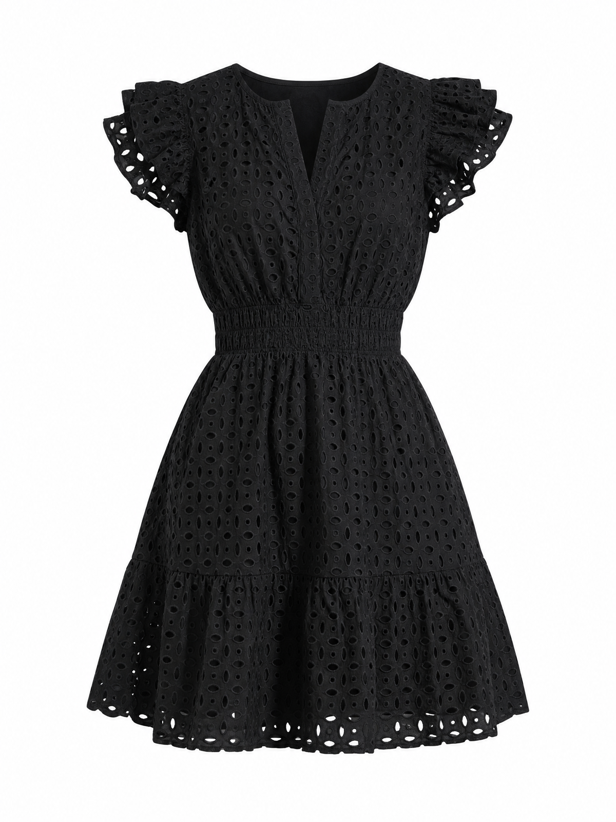 LIVORA Women's Eyelet Mini Dress | V Neck Ruffle Sleeve Fit and Flare Sundress