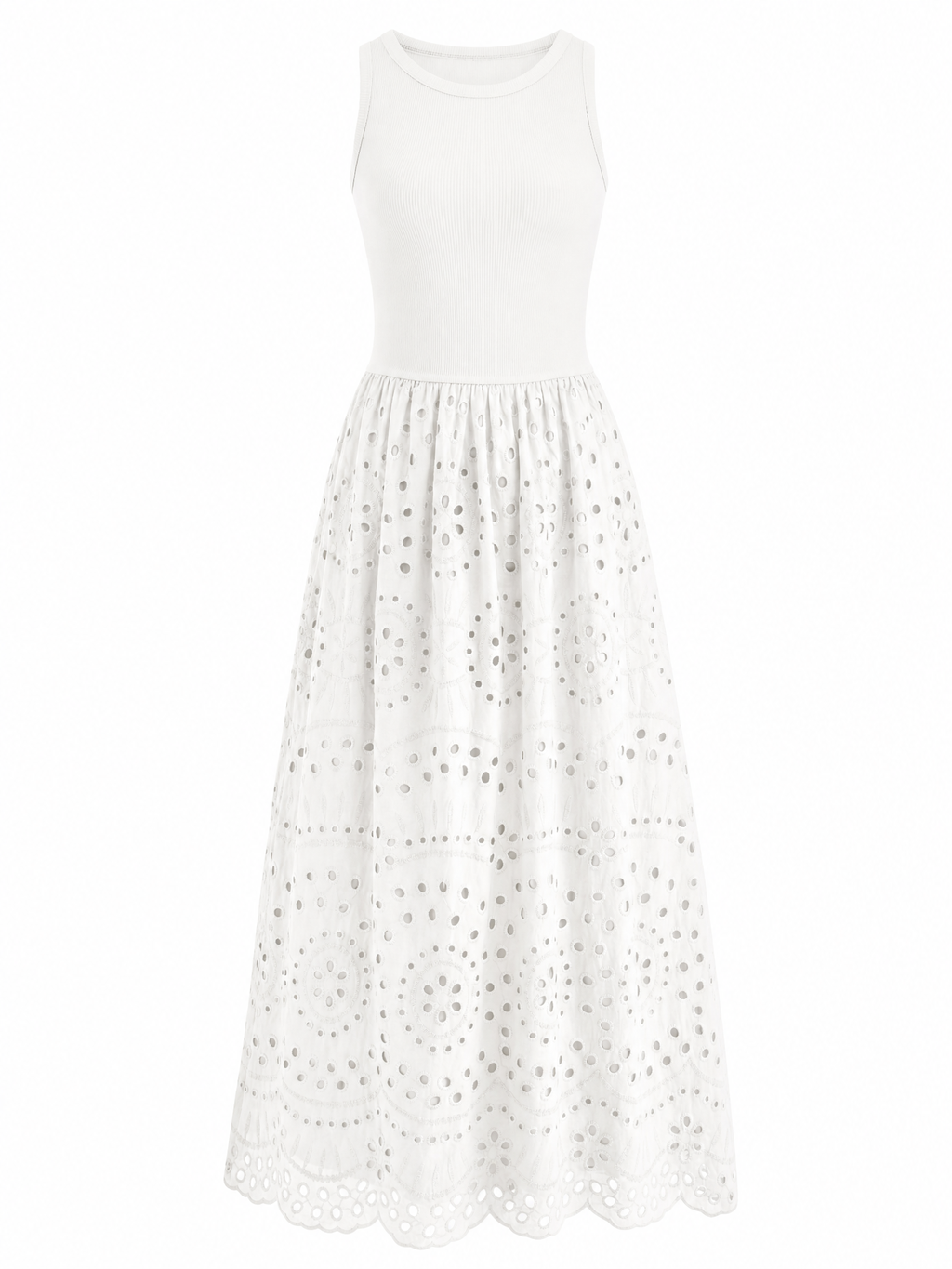 LIVORA Women's Cotton Eyelet Maxi Dress | Sleeveless Boho A-Line with Pockets