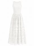 LIVORA Women's Cotton Eyelet Maxi Dress | Sleeveless Boho A-Line with Pockets