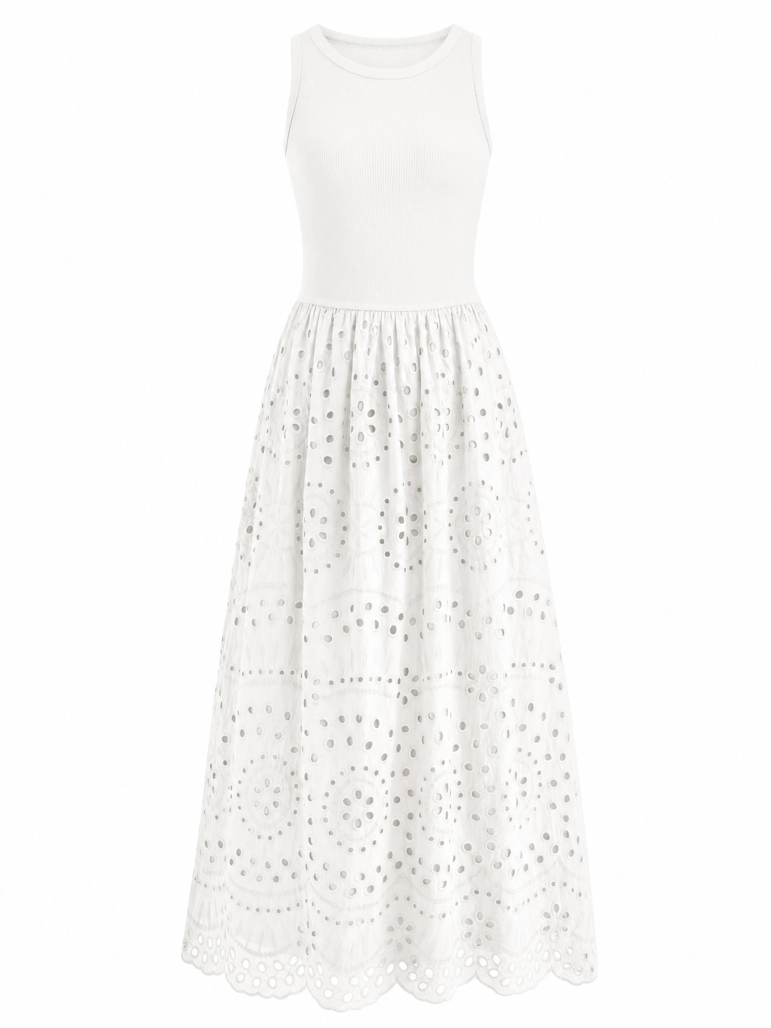 LIVORA Women's Cotton Eyelet Maxi Dress | Sleeveless Boho A-Line with Pockets