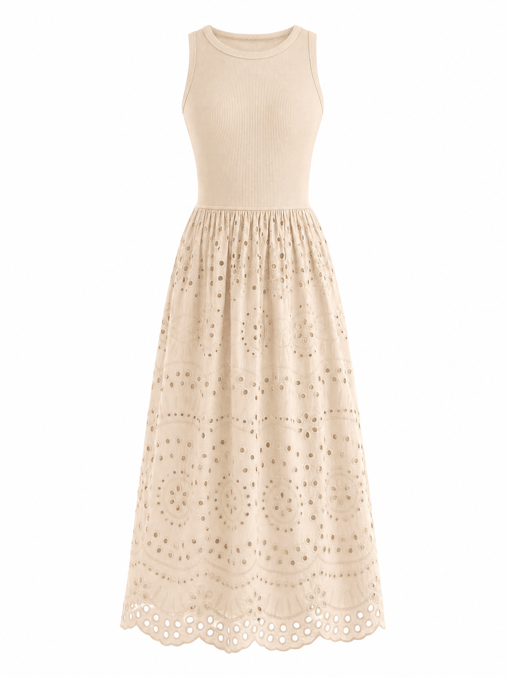 LIVORA Women's Cotton Eyelet Maxi Dress | Sleeveless A-Line Boho Sundress with Pockets