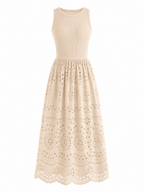 LIVORA Women's Cotton Eyelet Maxi Dress | Sleeveless A-Line Boho Sundress with Pockets