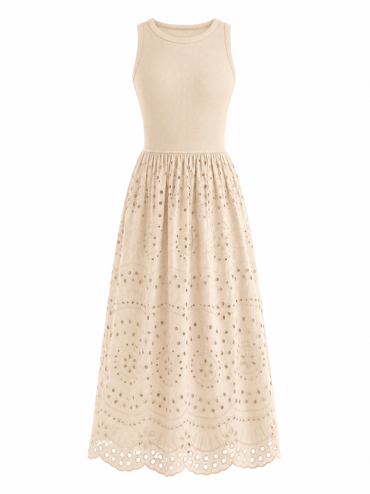 LIVORA Women's Cotton Eyelet Maxi Dress | Sleeveless A-Line Boho Sundress with Pockets