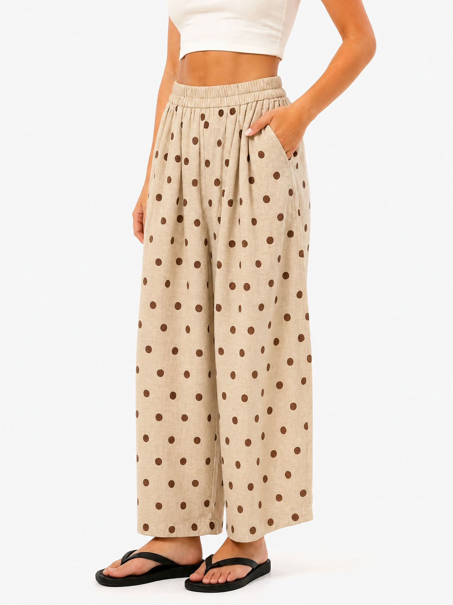 Women's Cotton Linen Polka Dot Wide Leg Pants