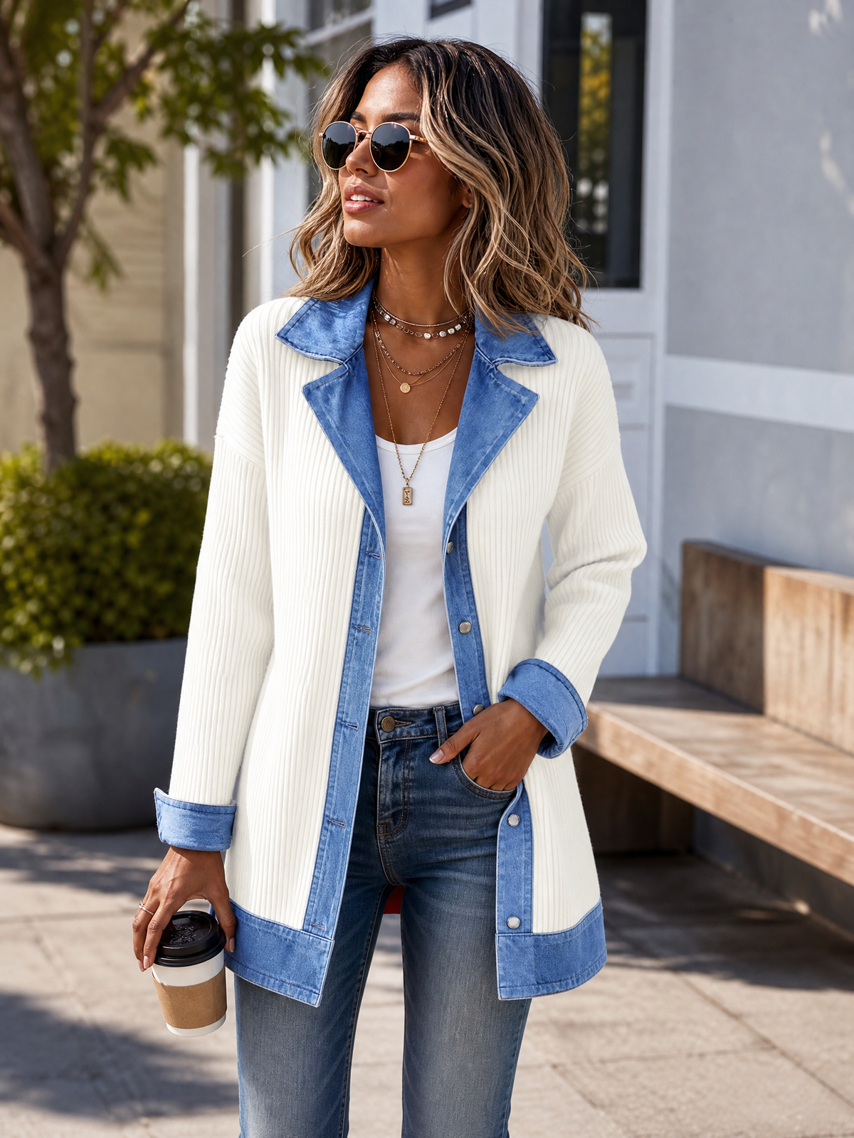 LIVORA Women's Corduroy Shacket | Denim Patchwork Button-Down Jacket