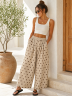 Women's Cotton Linen Polka Dot Wide Leg Pants