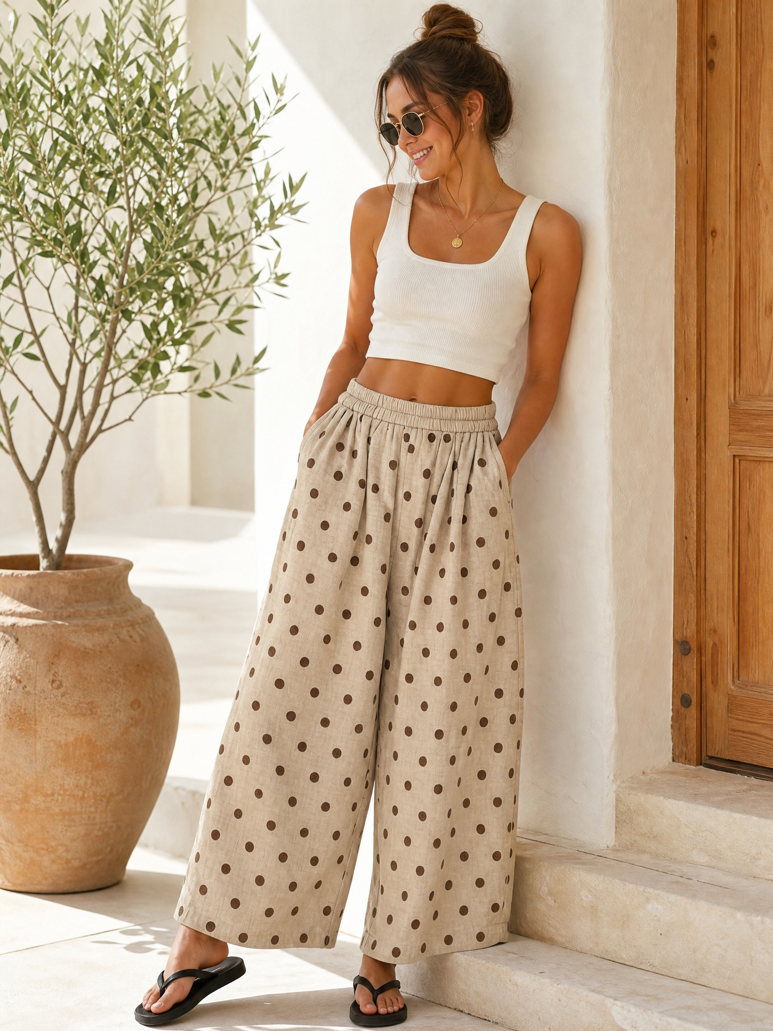 Women's Cotton Linen Polka Dot Wide Leg Pants