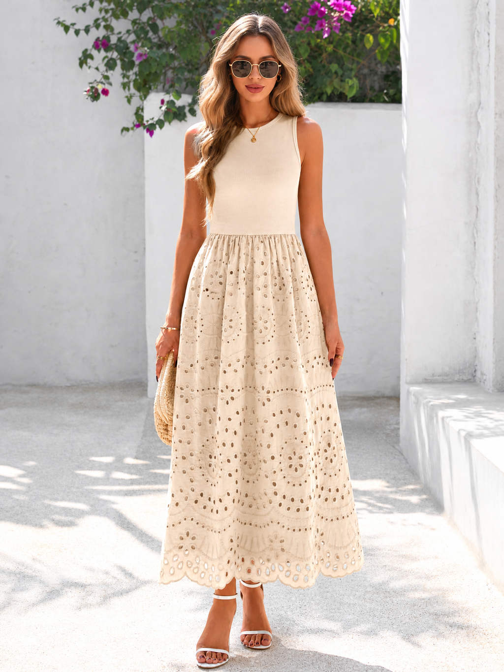 LIVORA Women's Cotton Eyelet Maxi Dress | Sleeveless A-Line Boho Sundress with Pockets