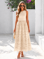 LIVORA Women's Cotton Eyelet Maxi Dress | Sleeveless A-Line Boho Sundress with Pockets