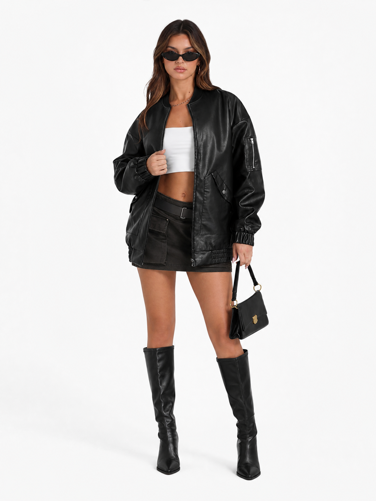 LIVORA Women's Faux Leather Oversized Bomber Jacket | Motorcycle Style