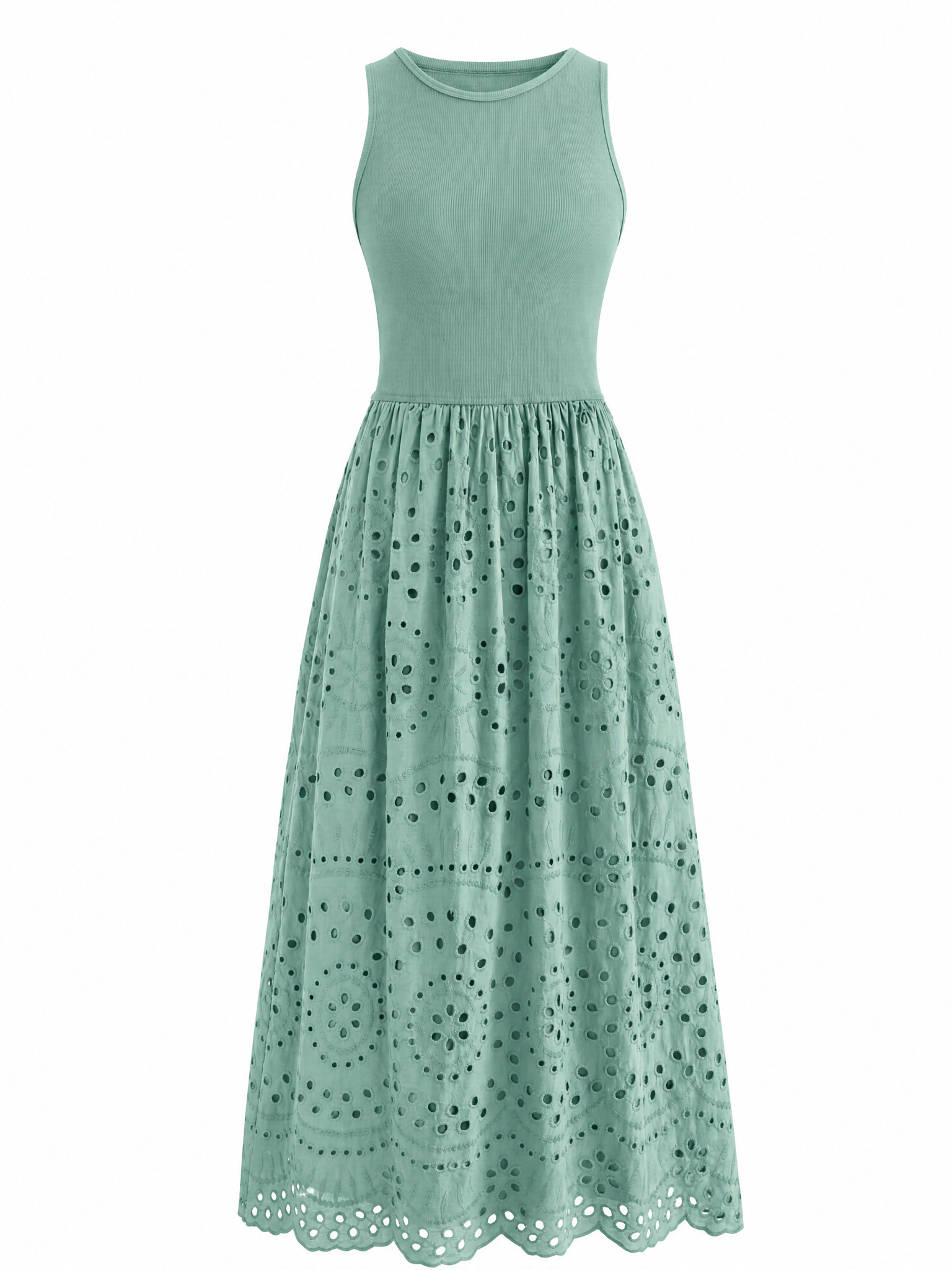 LIVORA Women's Cotton Eyelet Maxi Dress | Sleeveless Boho A-Line with Pockets