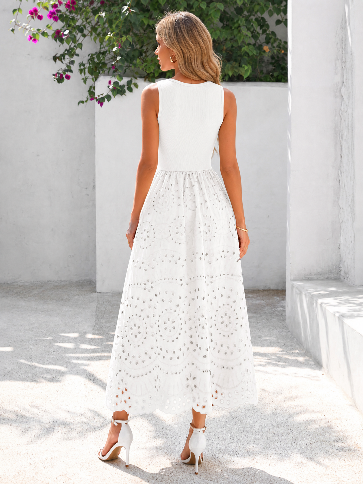 LIVORA Women's Cotton Eyelet Maxi Dress | Sleeveless A-Line Boho Sundress with Pockets