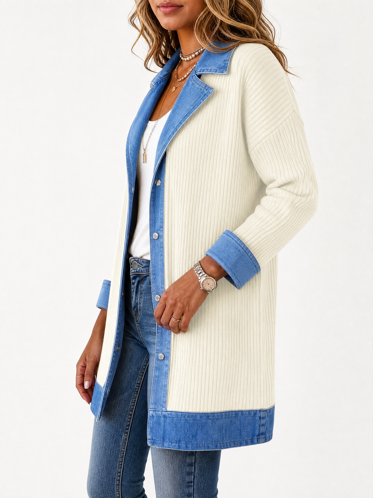 LIVORA Women's Corduroy Shacket | Denim Patchwork Button-Down Jacket