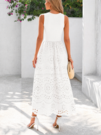 LIVORA Women's Cotton Eyelet Maxi Dress | Sleeveless Boho A-Line with Pockets