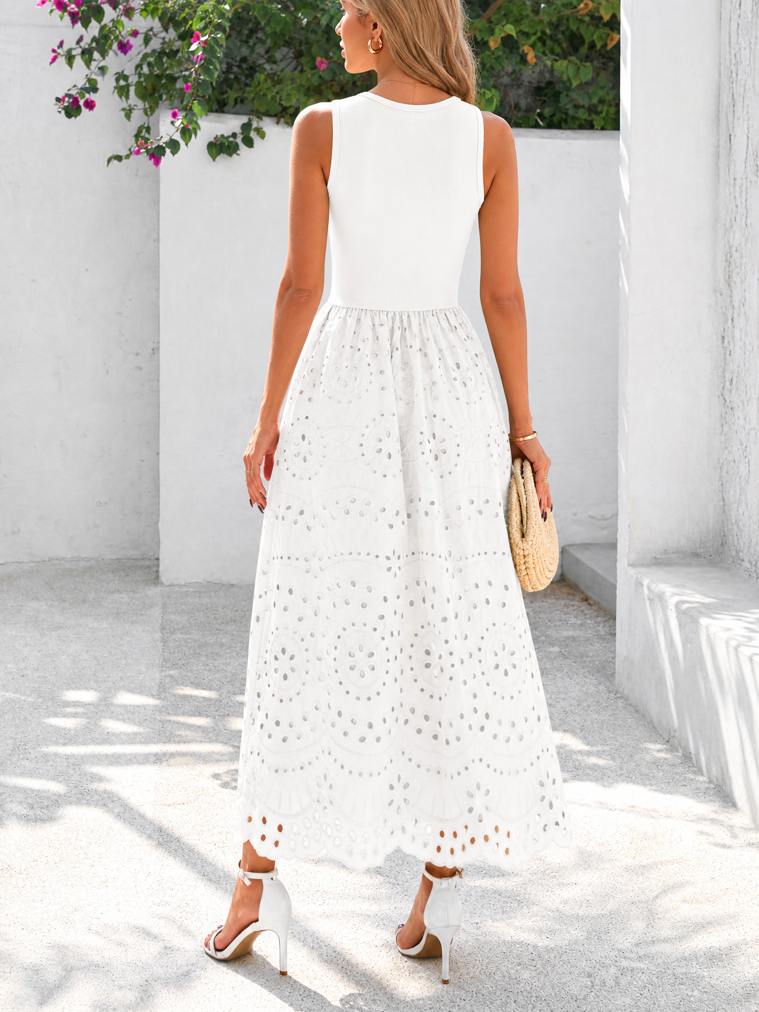 LIVORA Women's Cotton Eyelet Maxi Dress | Sleeveless Boho A-Line with Pockets