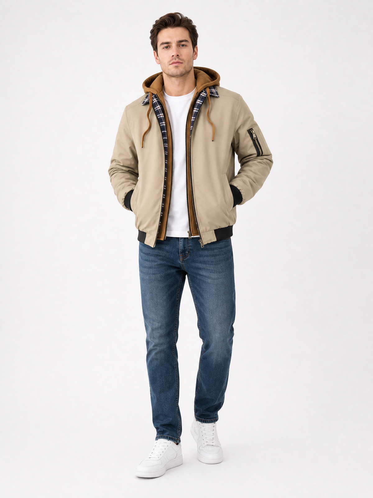 LIVORA Men's Plaid Fleece Jacket | Zip-Up Hooded Jacket with Pockets