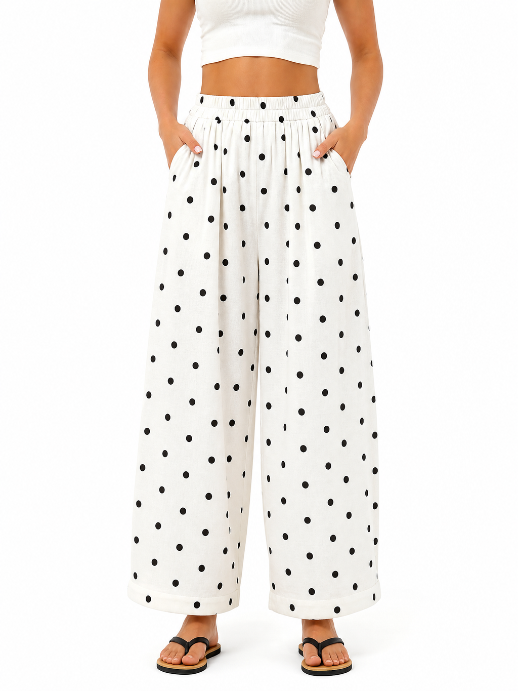 Women's Cotton Linen Polka Dot Wide Leg Pants