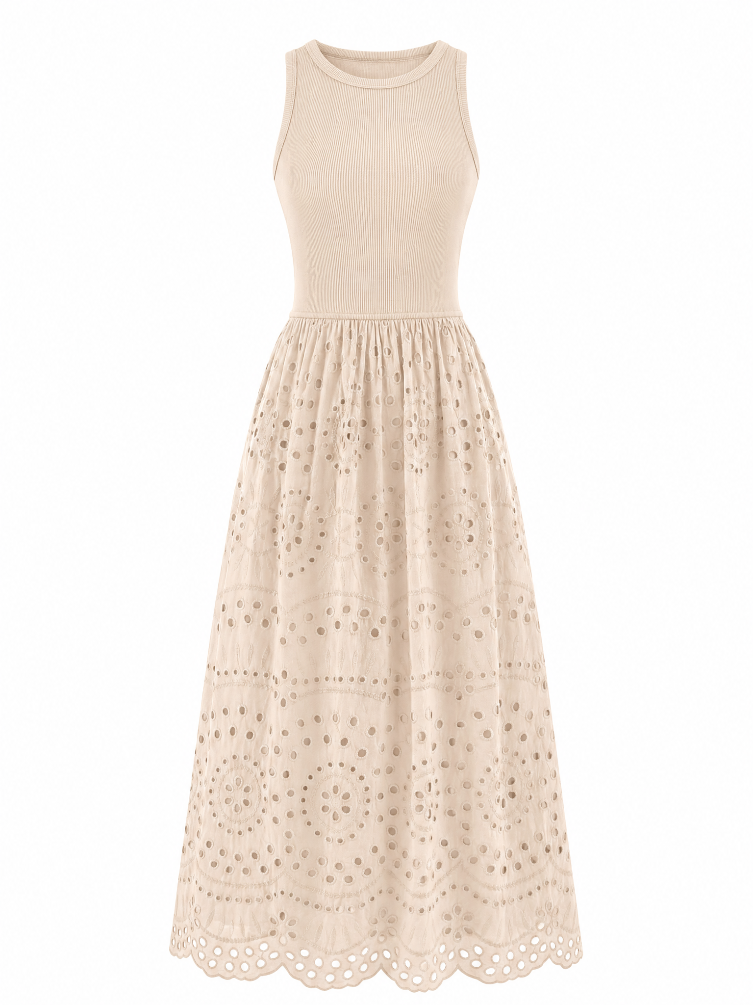 LIVORA Women's Cotton Eyelet Maxi Dress | Sleeveless Boho A-Line with Pockets