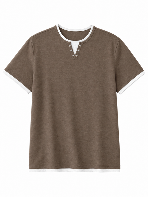 LIVORA Men's Color Block Henley Shirt | Short Sleeve Regular Fit